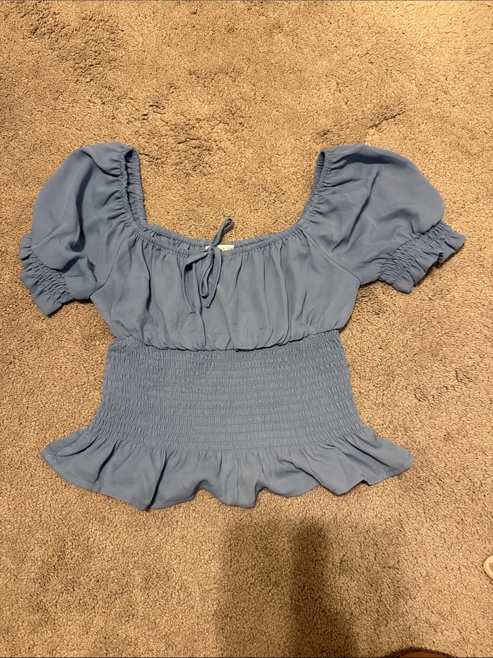 Smocked Puff-Sleeve Crop Top - Blue